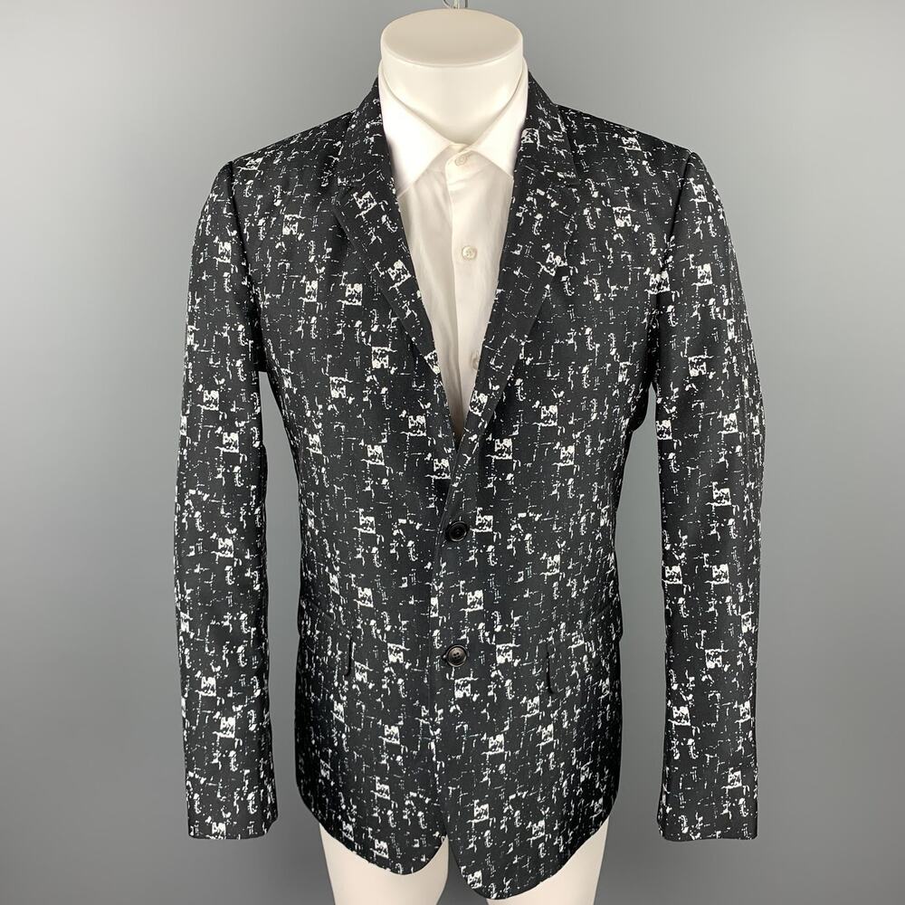 CALVIN KLEIN COLLECTION Size 40 Black & White Print Polyester Sport Coat